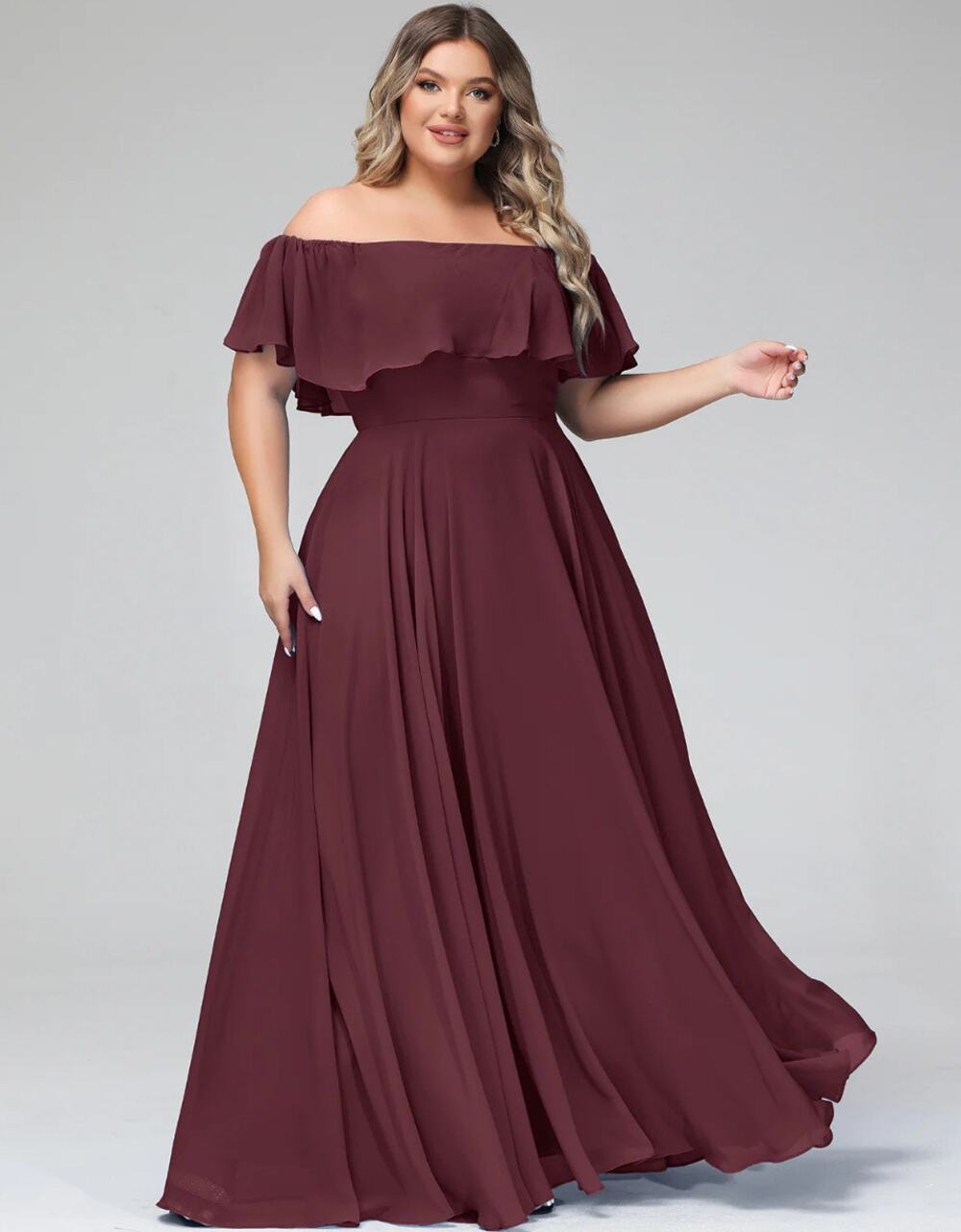 NWT Babaroni Off The Shoulder Chiffon Full Length Hazel Dress in Cabernet